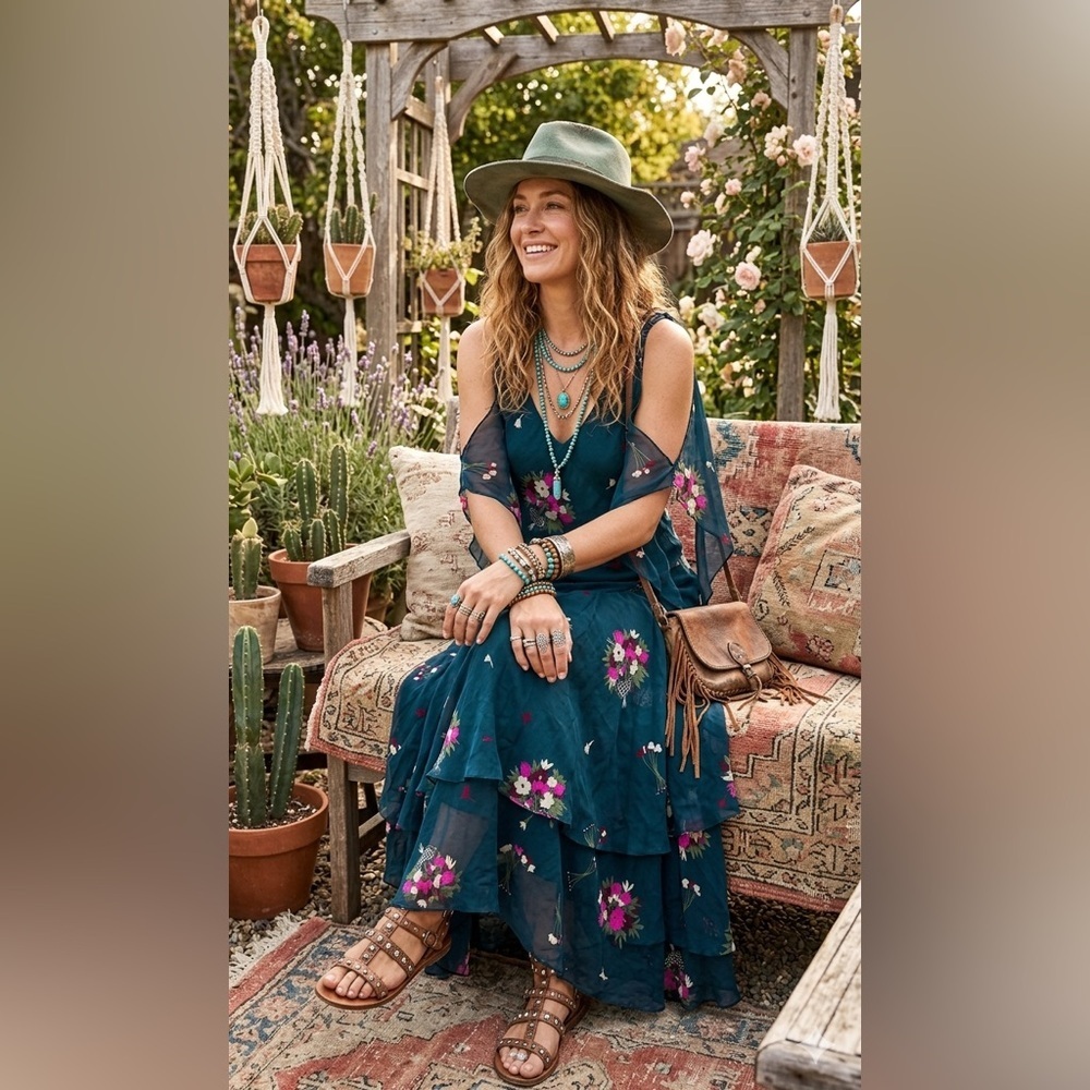 celia birtwell for Express Teal Floral Tiered Maxi Dress 100% silk lining Sz 6